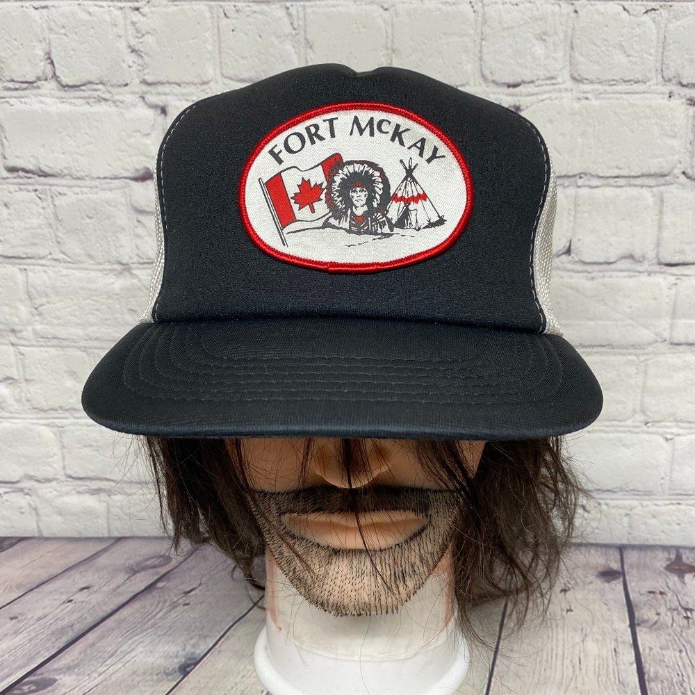 Vintage Trucker Hat Mesh Cap Snapback Black White Fort McKay Patch Canada Flag